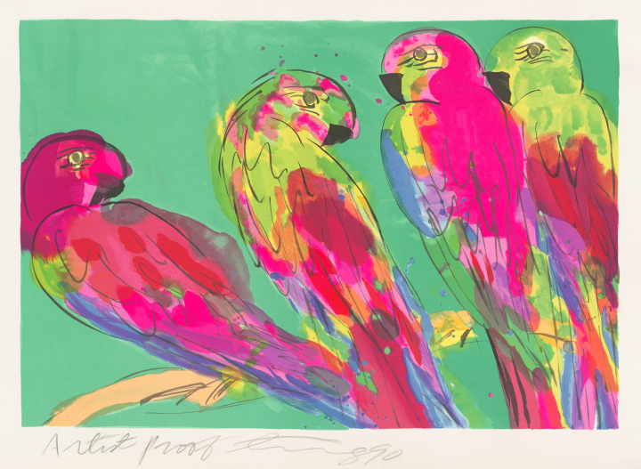四只鹦鹉 丁雄泉 石版 59.3厘米 × 73.0厘米 1990年